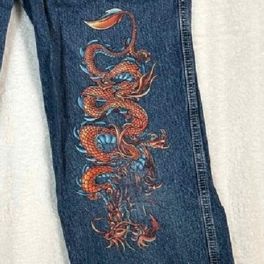 JNCO Jeans Front Graphic Dragon Dark Wash Denim Kids Youth Size 16 Y2K Vintage - Picture 2 of 12